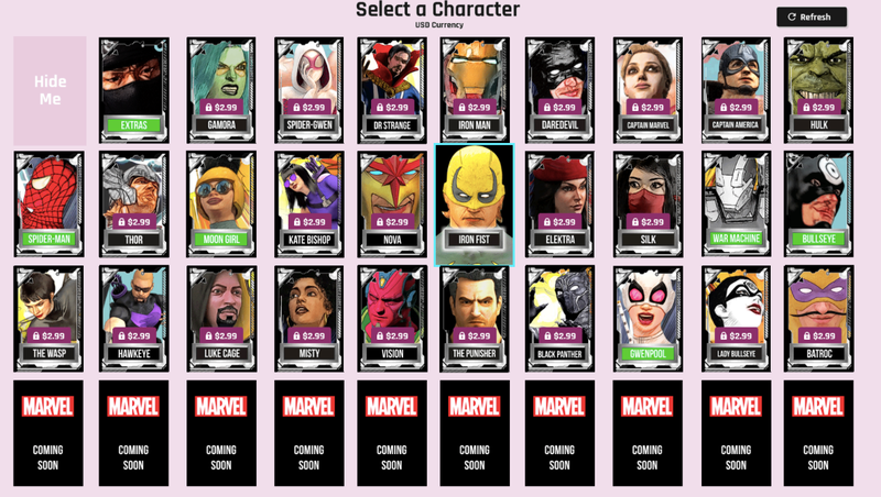 The roster of characters available for purchase on Marvel’s Create Your Own.